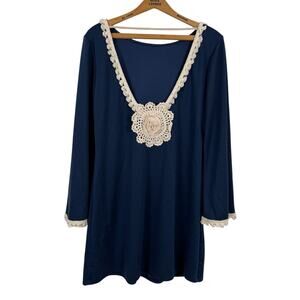 Basically Me Women Bell Sleeve Dress Large Crochet Flower Boho Retro Hippie